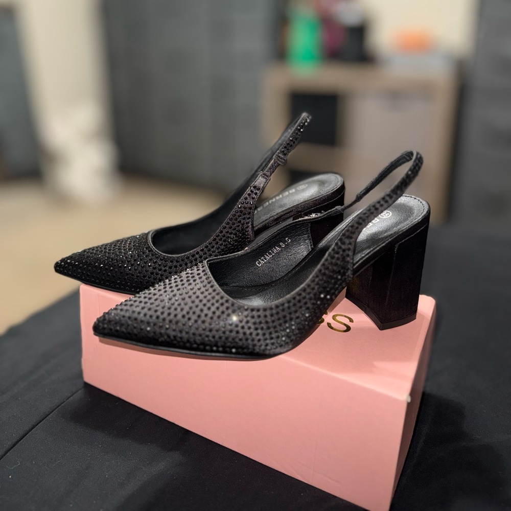 Elegant Black Slingback Rhinestone Heels